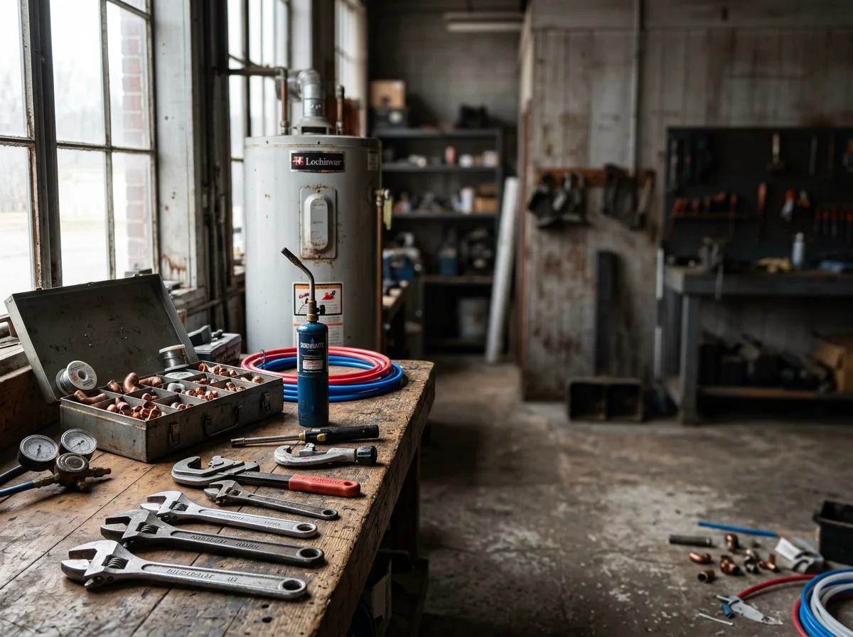 Professional plumbing and heating tools and equipment arranged on a workbench, representing the trade services offered.
