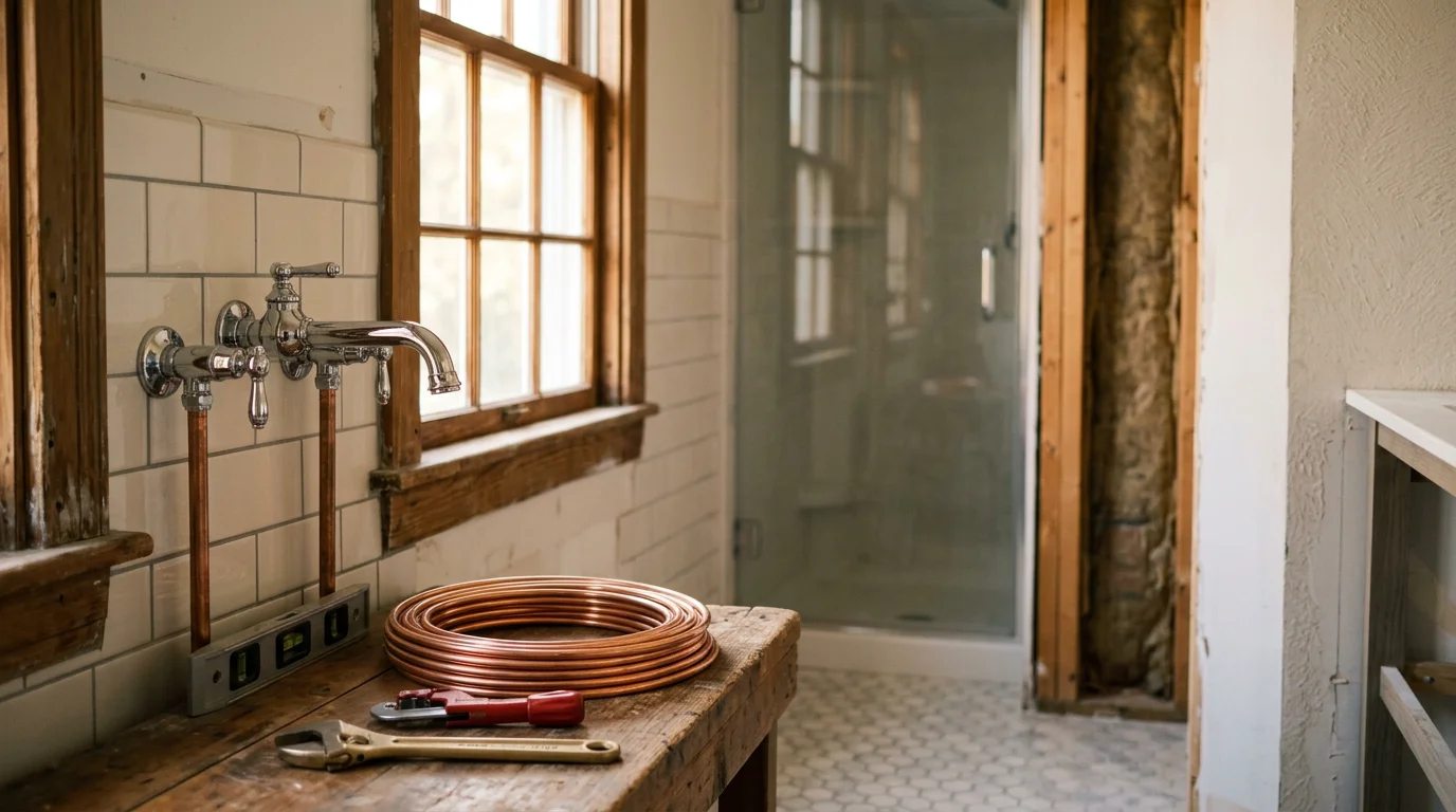Plumber installing new fixtures during bathroom remodel