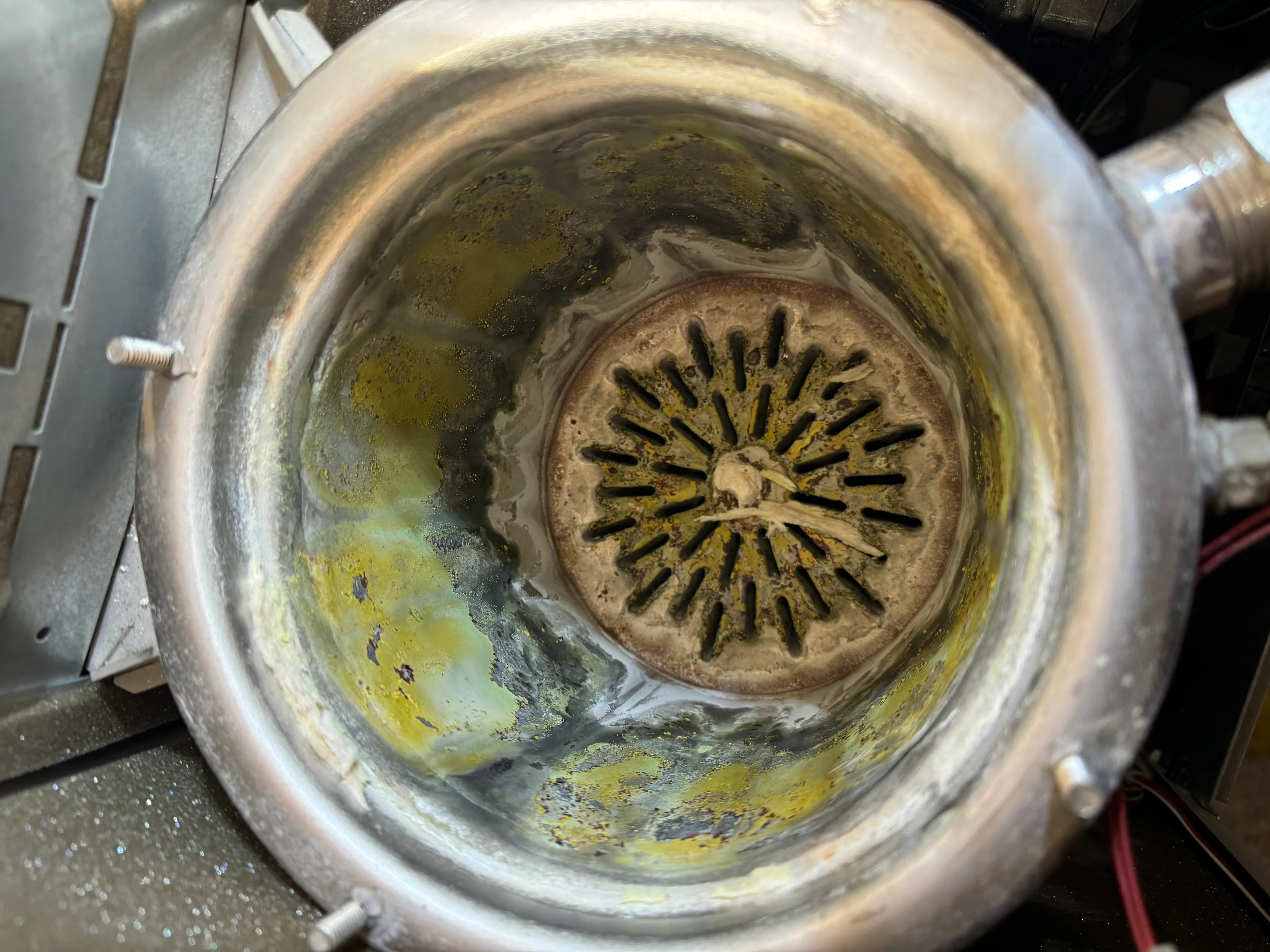 Interior drain pipe with sediment buildup and mineral deposits requiring cleaning