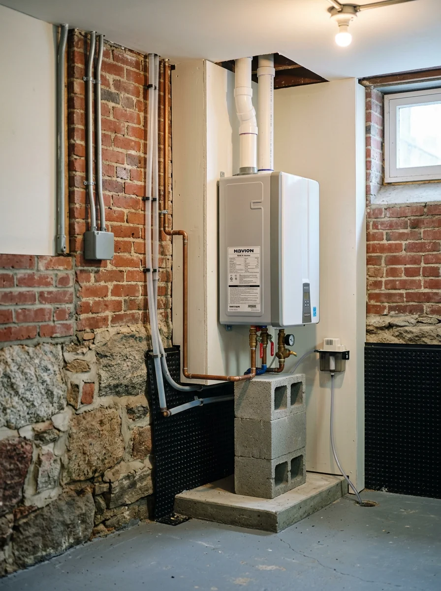 A high efficiency water heater installed in an Attleboro Falls home basement, positioned above floor level to protect against groundwater moisture near the Ten Mile River corridor.