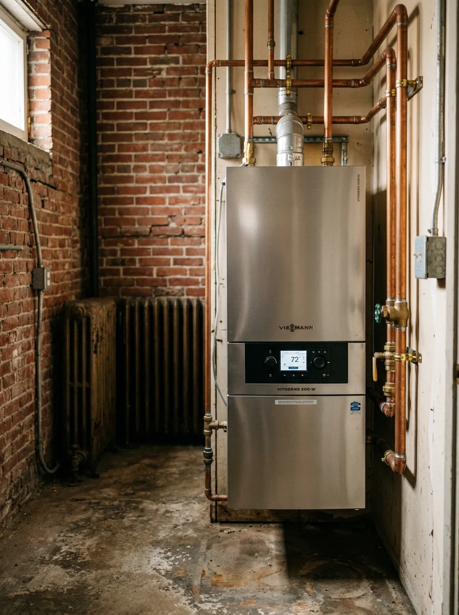 A high efficiency boiler installed in a Brockton multi-family building utility room, replacing an original cast iron boiler from the mid-20th century.