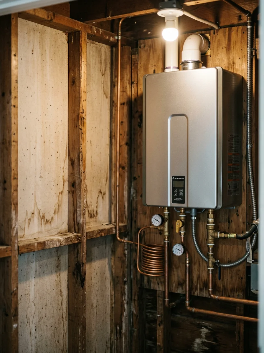 A high efficiency water heater installed in a Middleborough rural property utility room, connected to a private well water supply line.