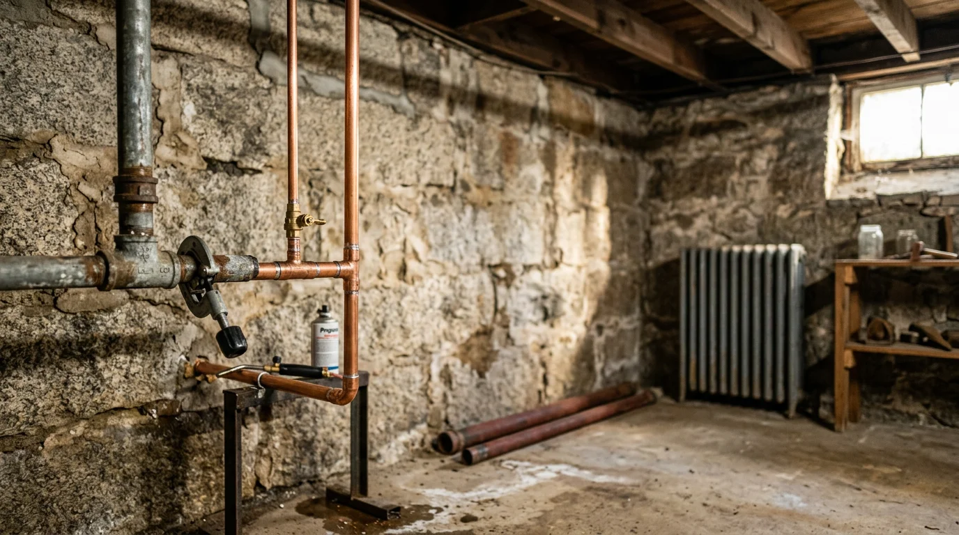 A plumber replacing corroded galvanized supply pipes in the basement of a historic Middleborough Center home built in the early 1900s.