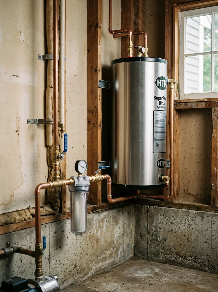 A high efficiency water heater installed in a Rehoboth rural home utility room, connected to a private well water supply with a sediment filter on the inlet line.