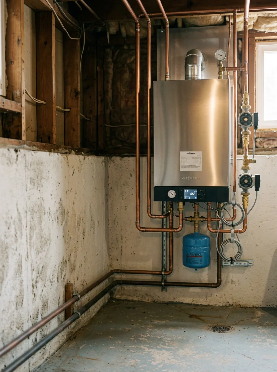 A high efficiency boiler installed in a mid-century Taunton ranch home, connected to the existing baseboard hot water heating system.