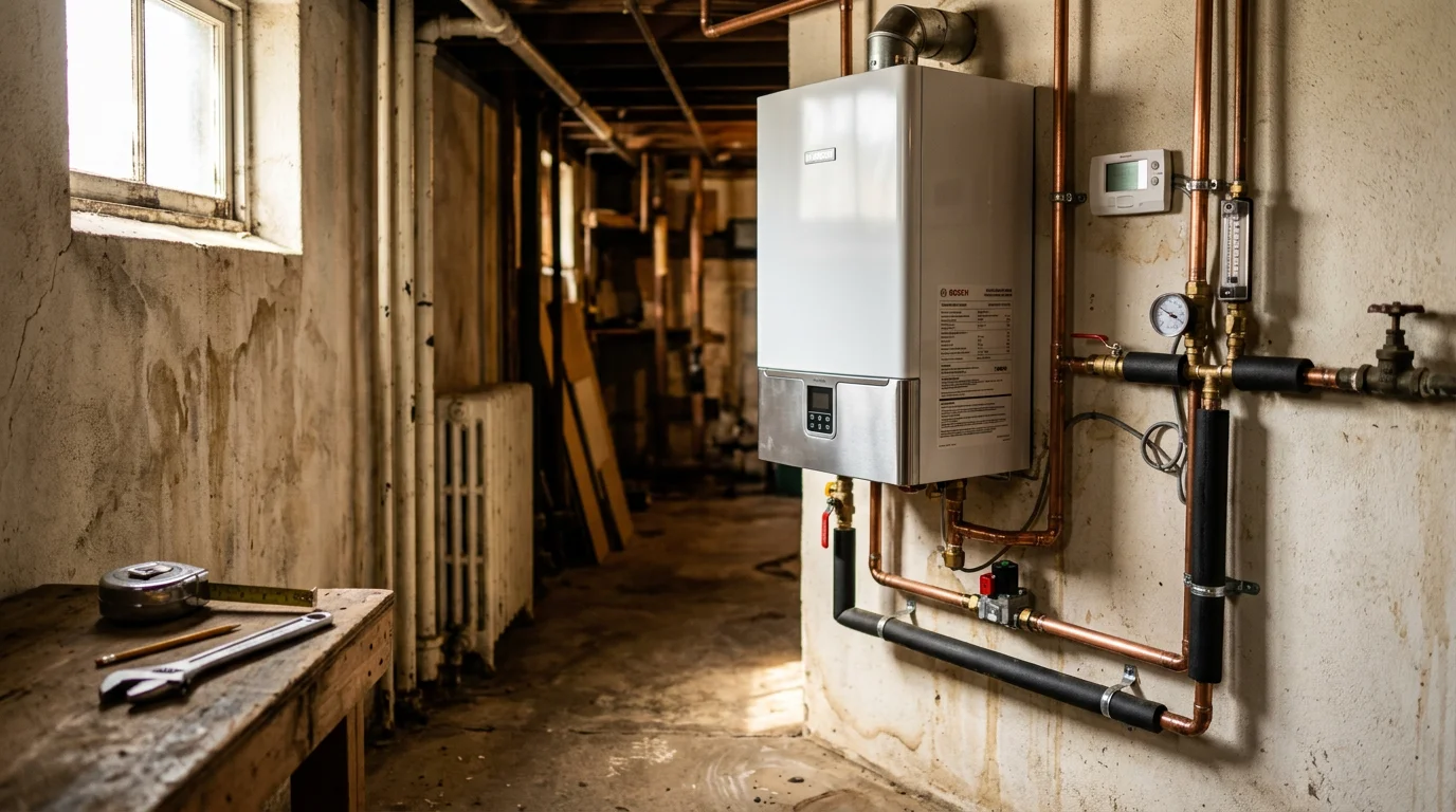 A newly installed residential boiler in a Middleborough, MA home utility room, with clean copper piping connections and a modern wall-mounted unit replacing an older heating system.