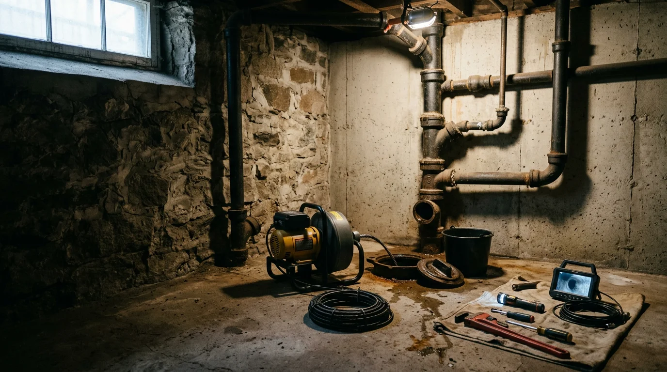 A plumber from Economize Plumbing and Heating Inc. clearing a blocked kitchen drain line in a Middleborough, MA home. The drain access point is open and a drain cleaning cable is inserted into the pipe.
