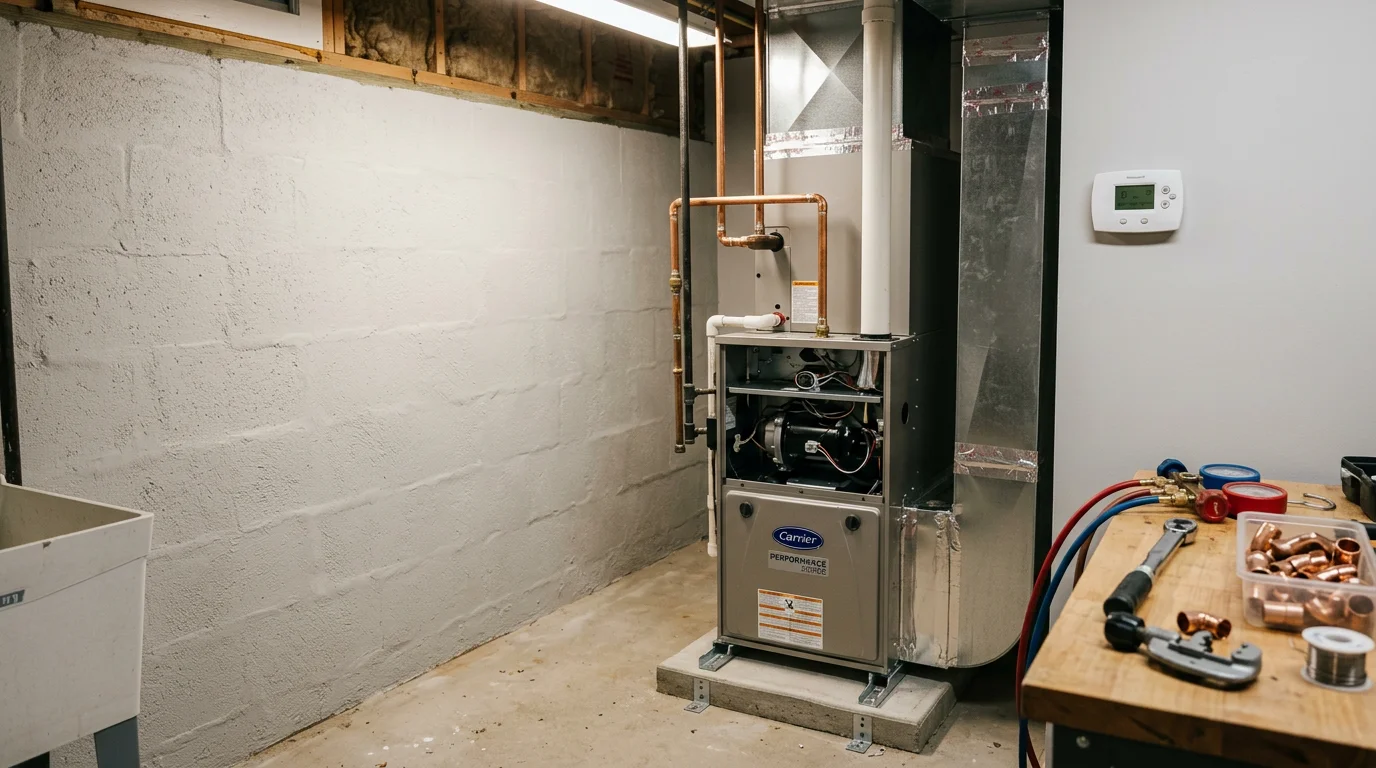A newly installed furnace unit in a Middleborough, MA home utility room, with clean ductwork connections and a technician performing a startup check.