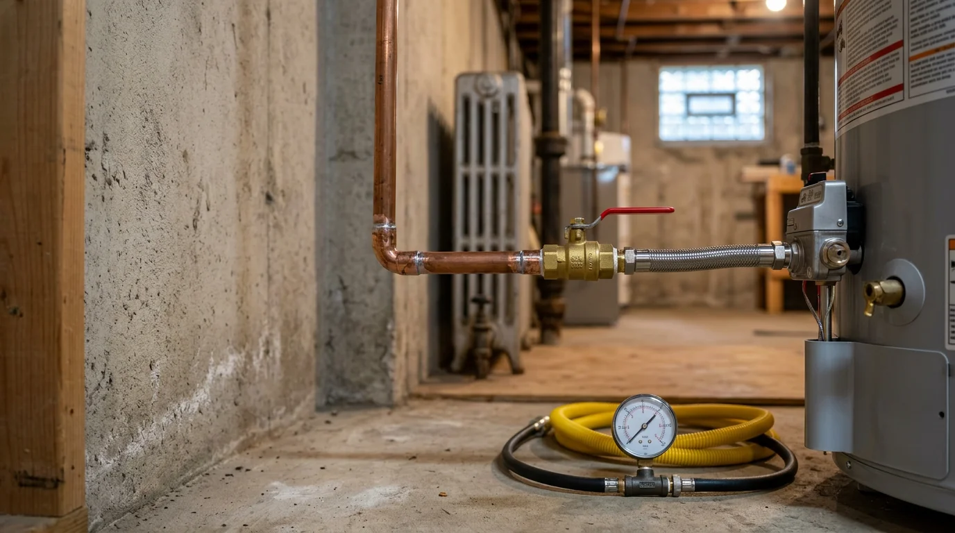 A plumber from Economize Plumbing and Heating connecting a gas supply line to a residential range in a Middleborough, MA kitchen, with a shutoff valve and flexible connector visible at the base of the appliance.