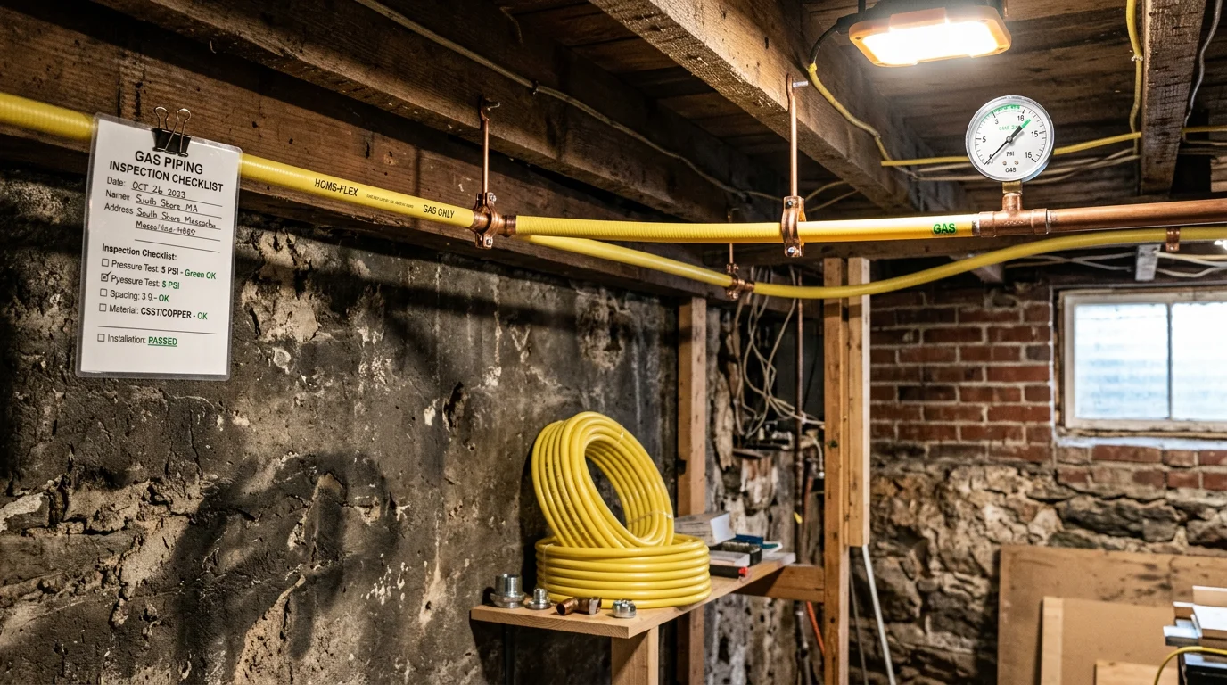 A licensed gas fitter installing new black iron gas piping in the basement of a residential home in Middleborough, MA. The pipe runs are neatly routed along the floor joists with properly fitted connections.