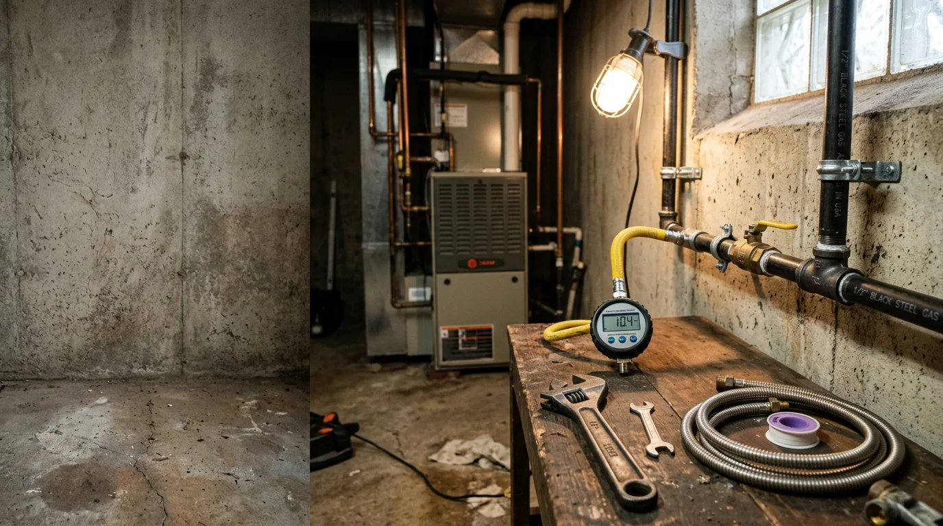 A plumber inspecting and repairing an exposed gas line connection inside a Middleborough, MA home. The technician is checking pipe fittings with a pressure gauge during a gas line repair service call.