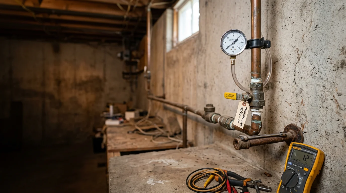 A gas fitter from Economize Plumbing & Heating Inc. inspecting gas piping and shutoff valves in the basement of a Middleborough, MA home. The technician examines connection points near a gas water heater and furnace during a safety inspection.