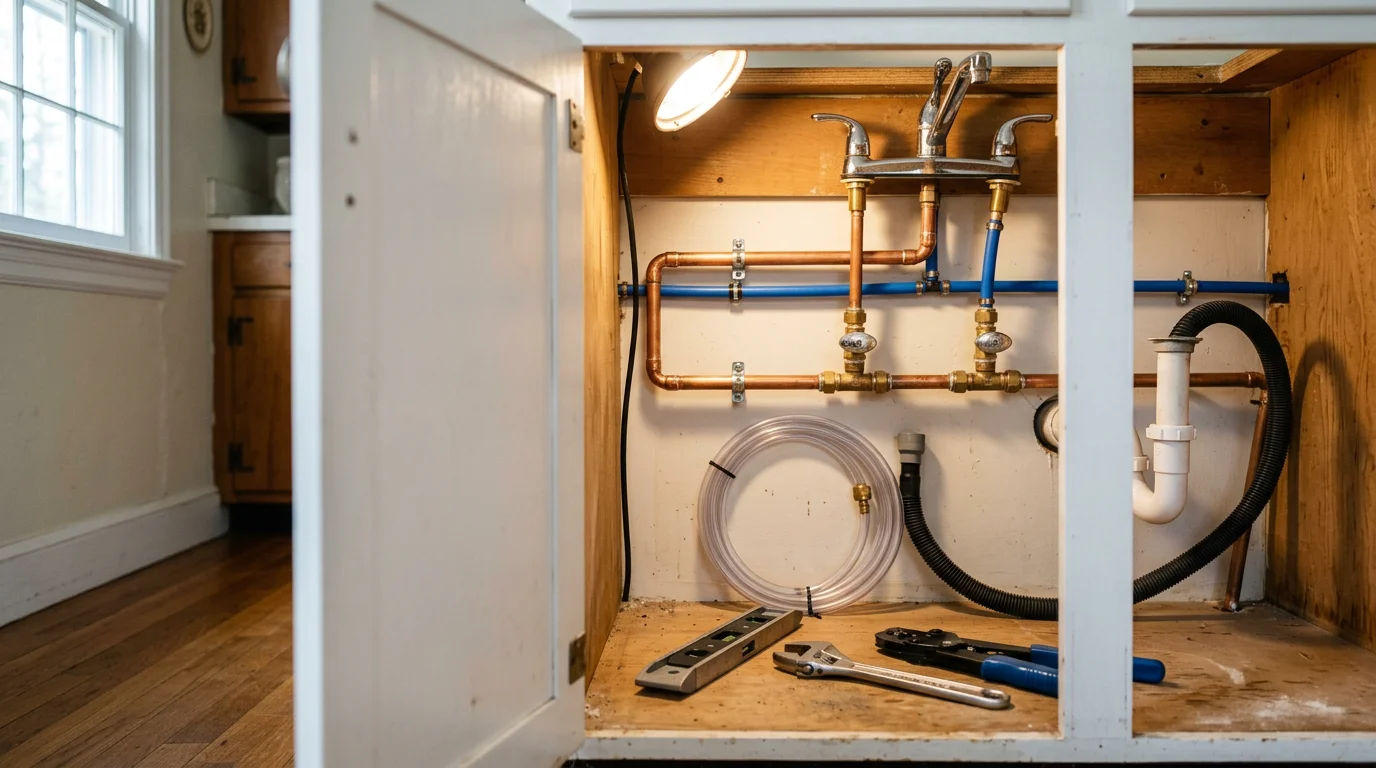 A newly installed kitchen sink with supply and drain lines connected beneath the cabinet in a Middleborough, MA home. A plumber from Economize Plumbing and Heating Inc. checks the drain connection during a kitchen plumbing installation.
