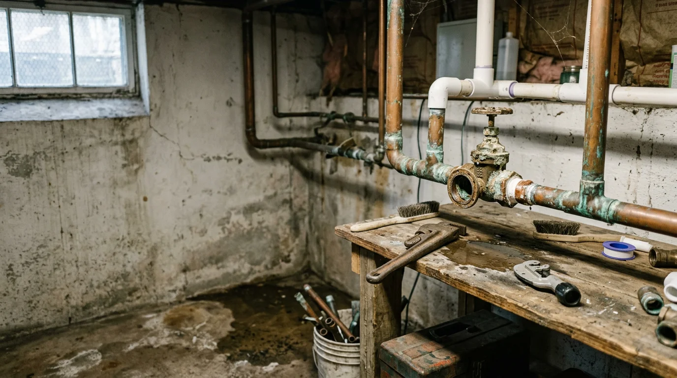 A plumber repairing a leaking pipe under a kitchen sink in an older single-family home in Middleborough, MA. The work area shows exposed supply lines being inspected and fixed.