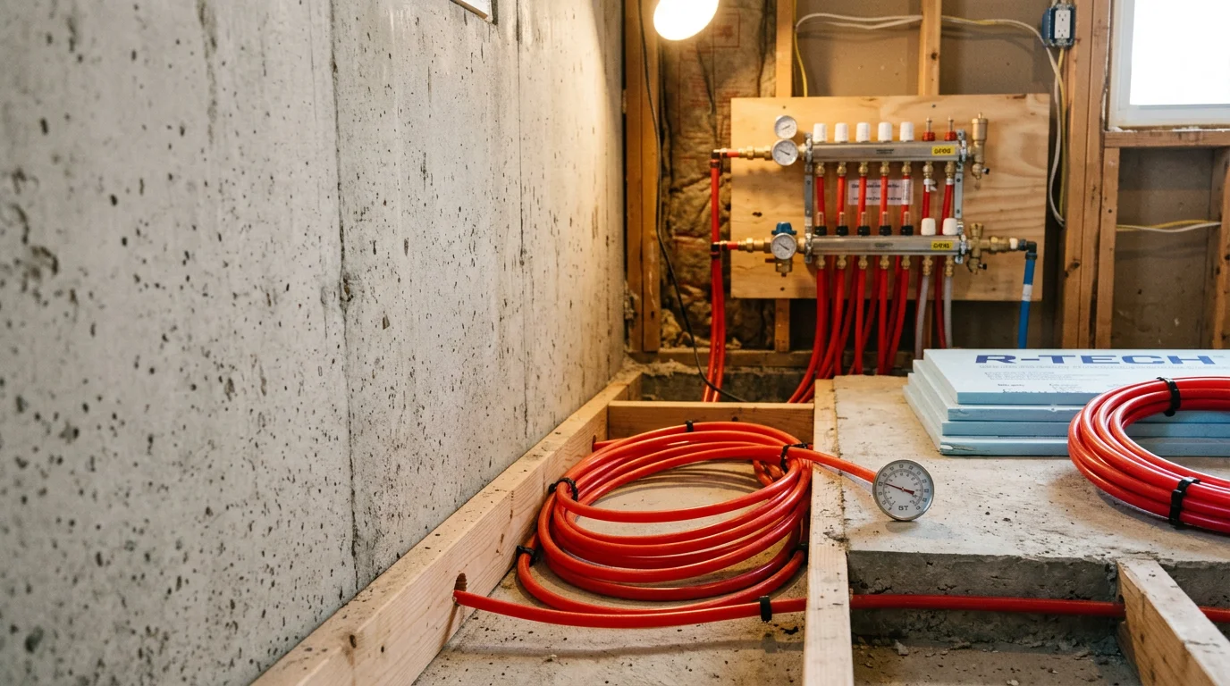 A plumber installing hydronic radiant heating tubing beneath a subfloor in a Middleborough, MA home. Coiled tubing is laid in an even pattern across the floor cavity before the finished flooring is set.