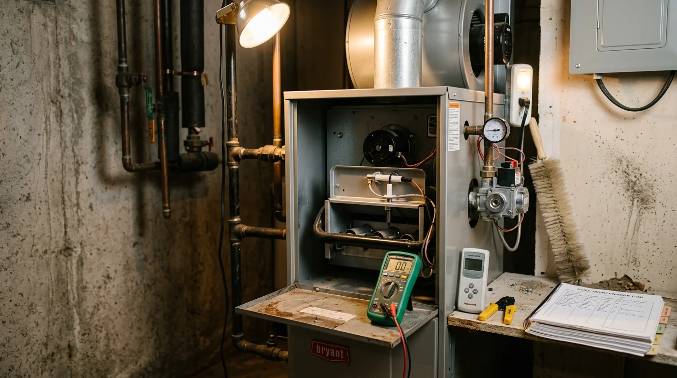 A heating contractor performing a system tune-up on a residential boiler in a Middleborough, MA home, inspecting the heat exchanger and burner components. The technician uses professional tools to clean and test the unit in preparation for the New England heating season.