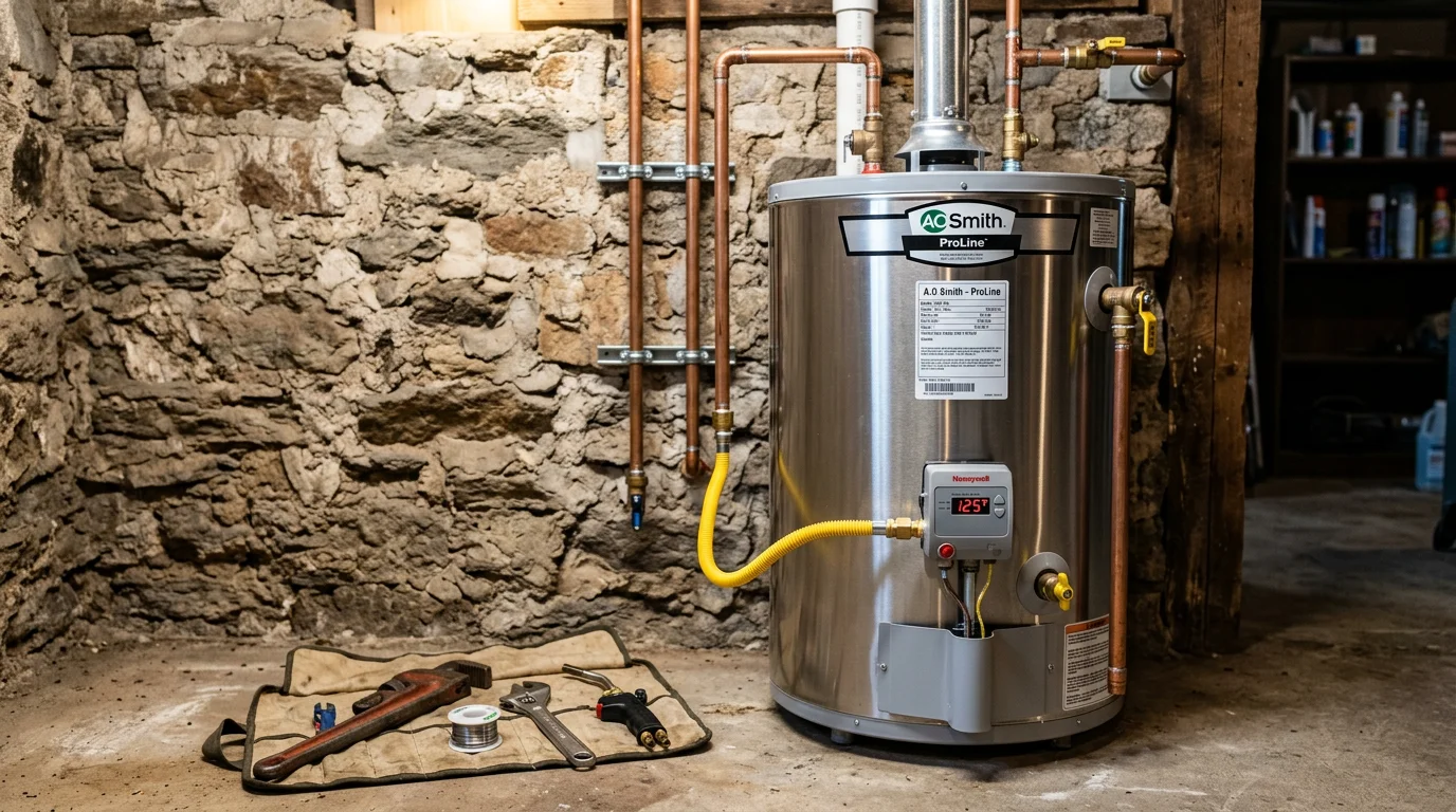 A newly installed tank water heater in the utility room of a Middleborough, MA home, with fresh copper pipe connections and a pressure relief valve in place. A plumber from Economize Plumbing & Heating Inc. checks the unit before completing the job.