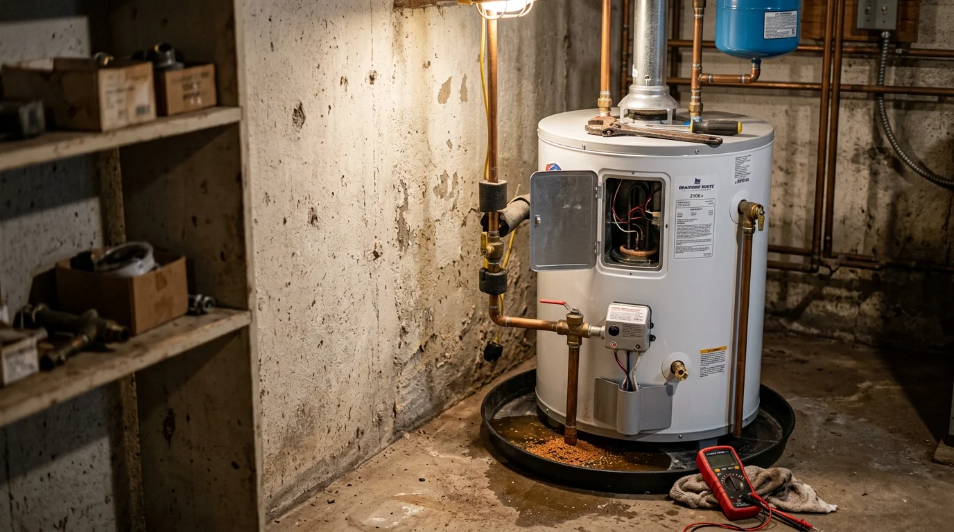 A plumber inspecting a residential tank water heater in a basement utility room in Middleborough, MA. The technician checks the T&P valve and connections on an older unit typical of southeastern Massachusetts homes.